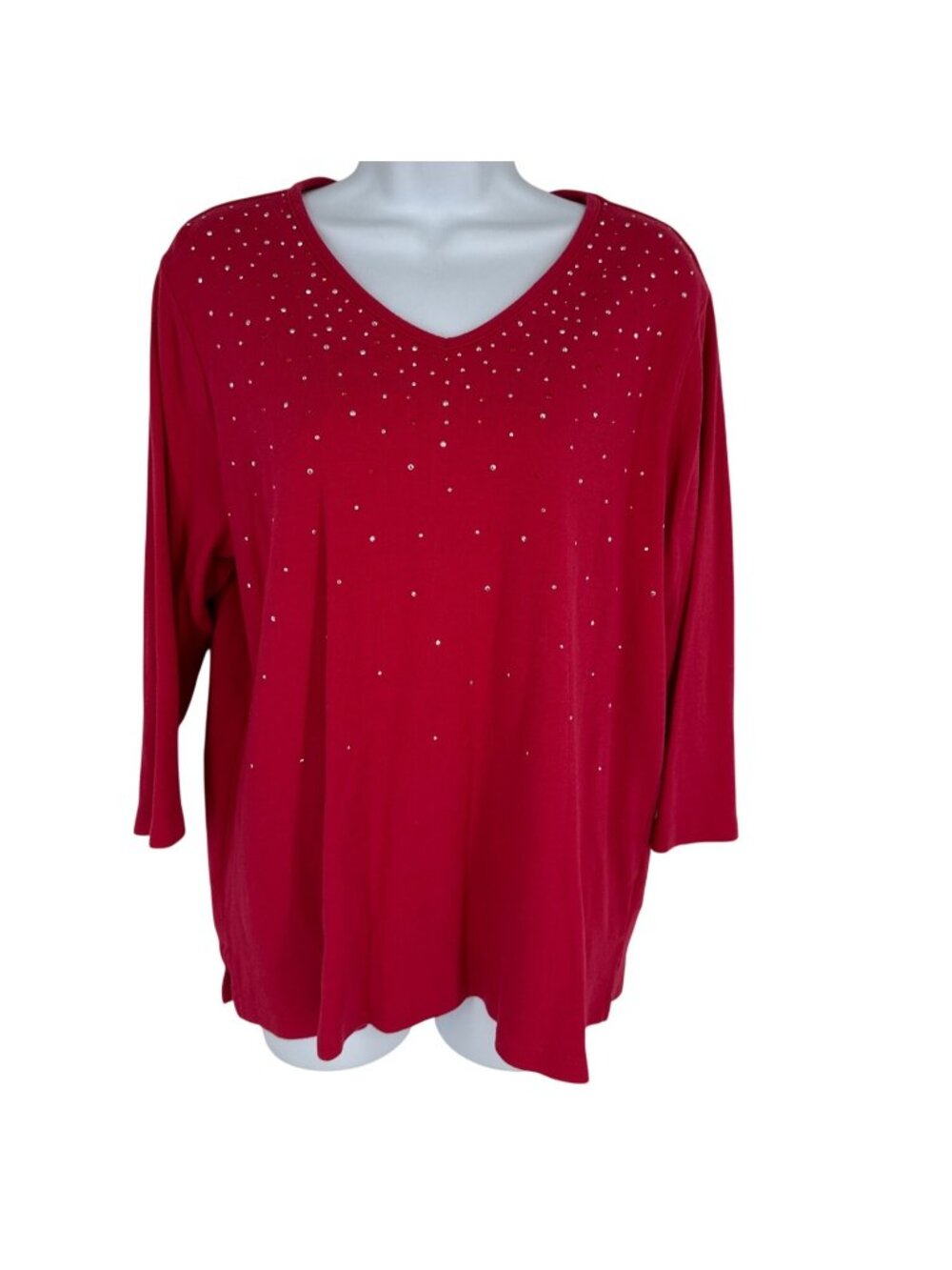 Quacker Factory Red Embellished V-Neck 3/4 Sleeve Cotton Top Women's Size XL